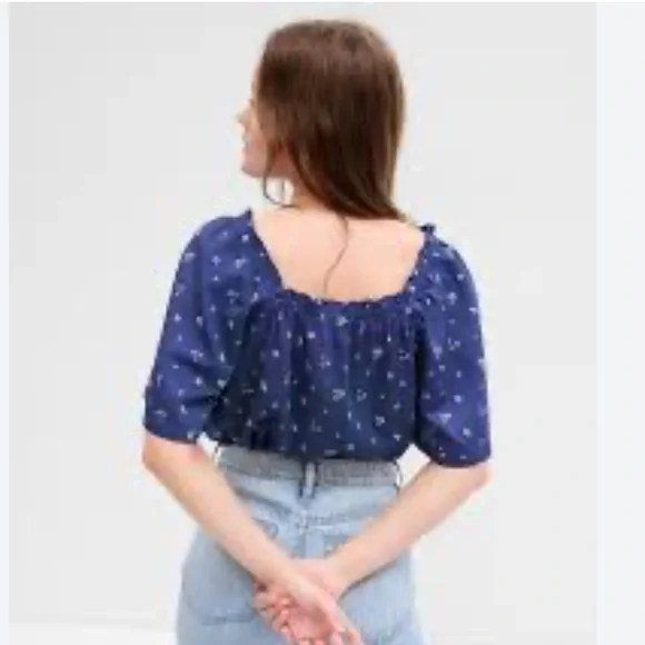 Gap Factory Oversized Squareneck Puff Sleeve Top | blue with white flowers - M - Picture 2 of 7